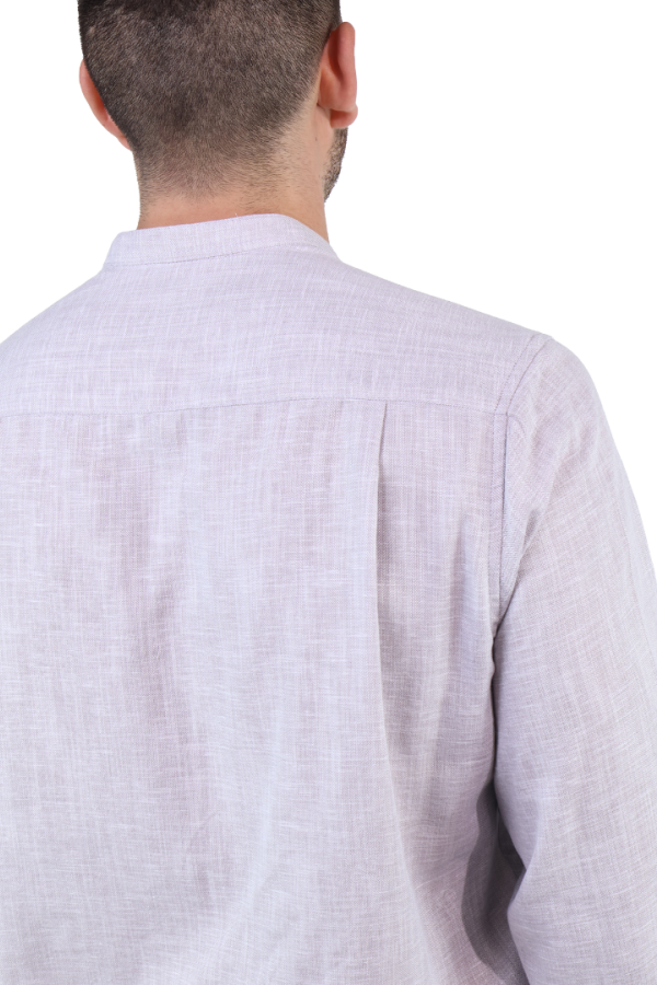 Camisa Gris Textura Lino Manga Larga Slim Fit Cuello Mao Para Caballero